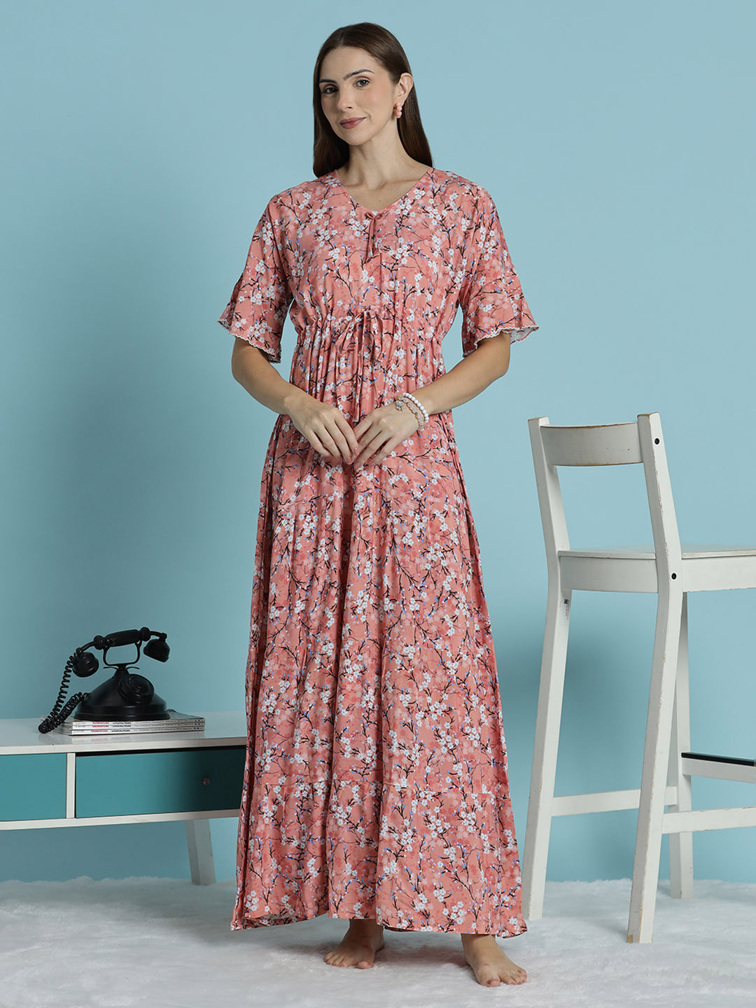 Peach Floral Rayon Nighty for Women Soft Flowy Relaxed Fit