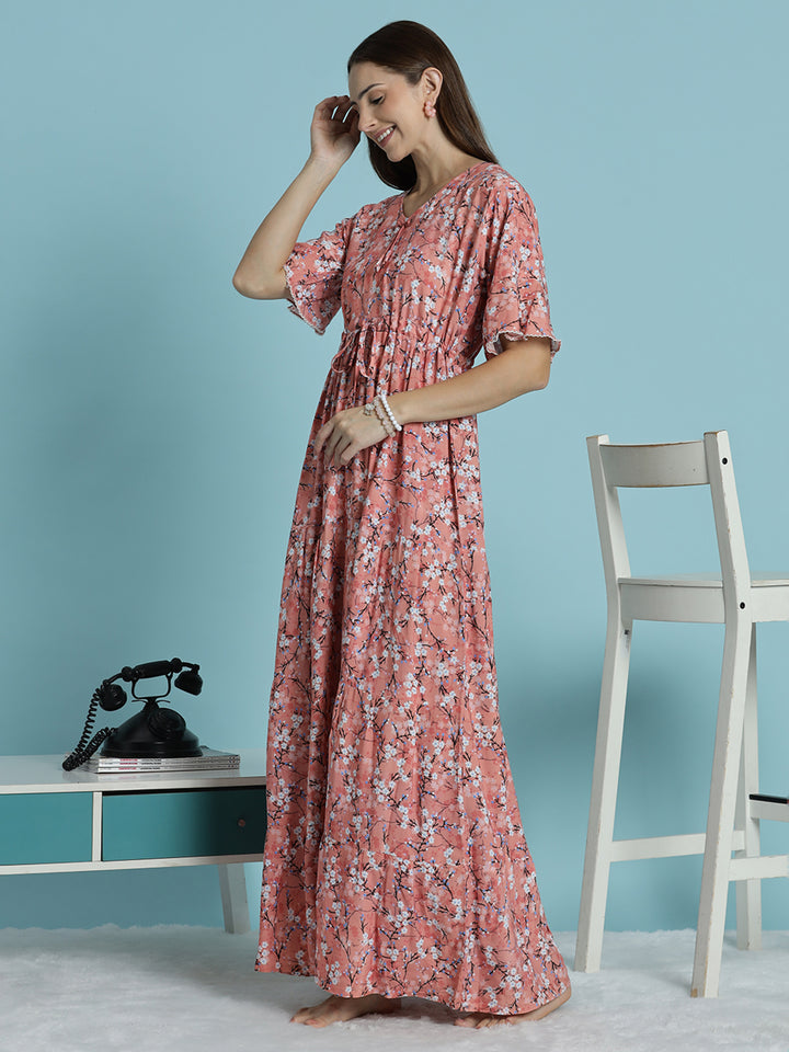 Peach Floral Rayon Nighty for Women Soft Flowy Relaxed Fit