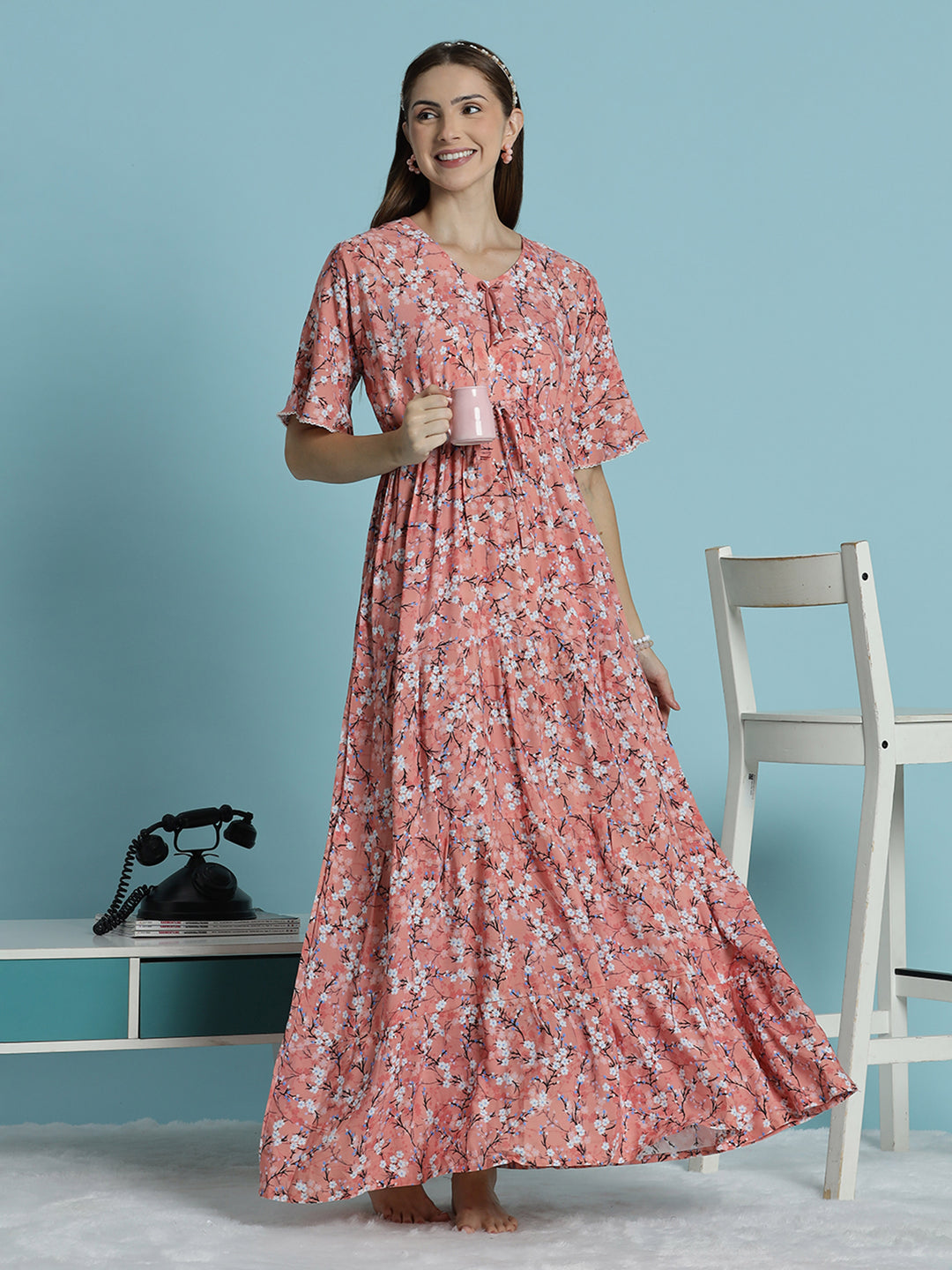 Peach Floral Rayon Nighty for Women Soft Flowy Relaxed Fit