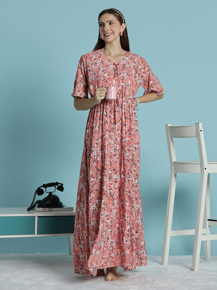 Peach Floral Rayon Nighty for Women Soft Flowy Relaxed Fit