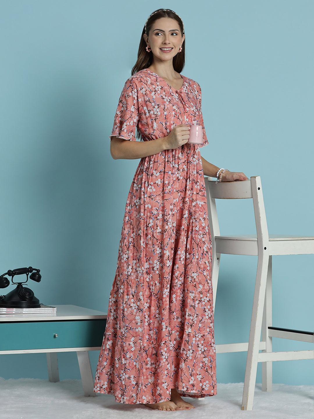 Peach Floral Rayon Nighty for Women Soft Flowy Relaxed Fit