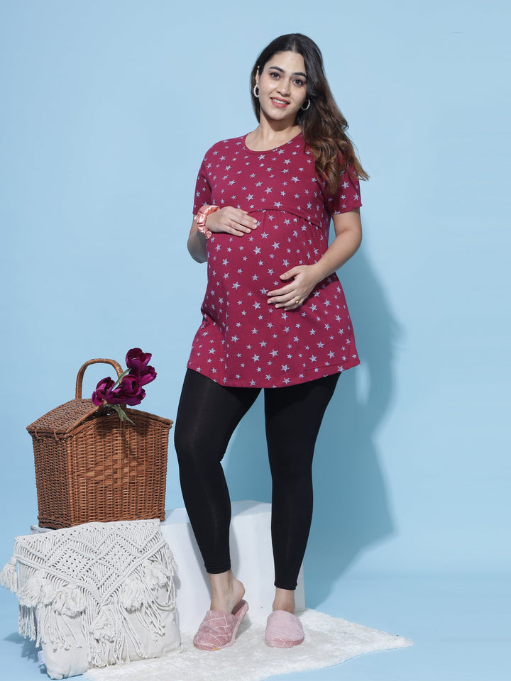  Maternity Top  Hosiery Cotton Maternity Feeding Top | Maroon Nighty- 9shines label 