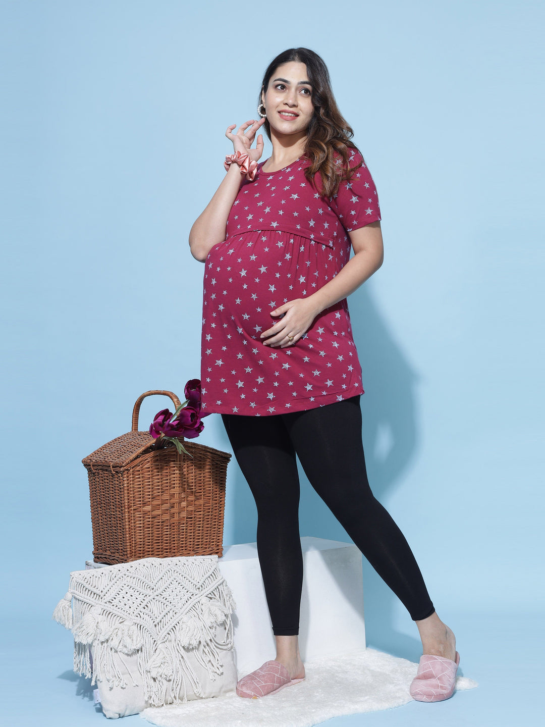  Maternity Top  Hosiery Cotton Maternity Feeding Top | Maroon Nighty- 9shines label 