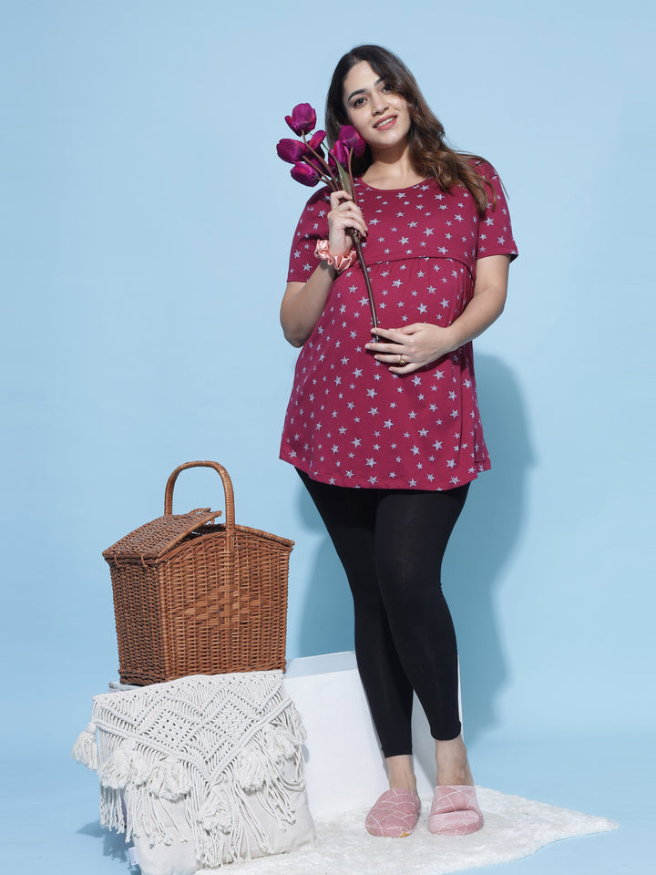  Maternity Top  Hosiery Cotton Maternity Feeding Top | Maroon Nighty- 9shines label 