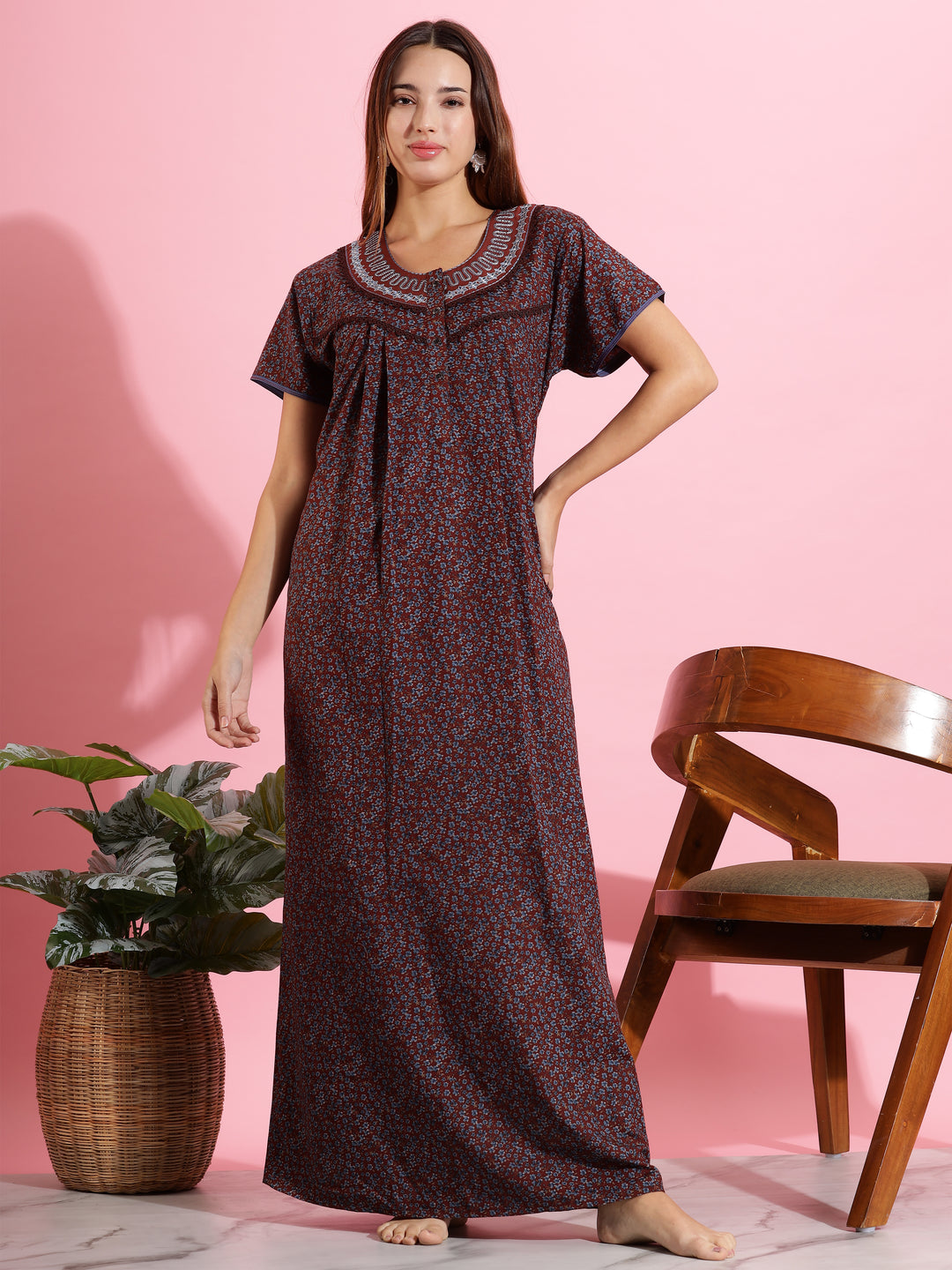 Beautiful Brown Printed Nighty | Soft Cloth Sleepwear