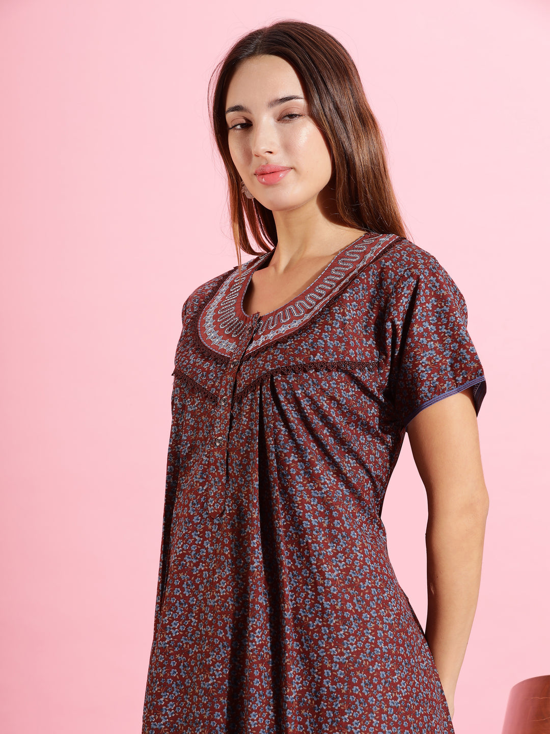 Beautiful Brown Printed Nighty | Soft Cloth Sleepwear