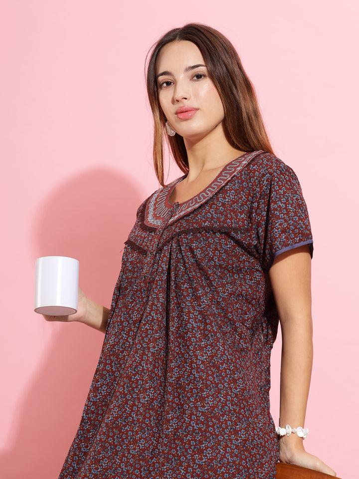 Beautiful Brown Printed Nighty | Soft Cloth Sleepwear