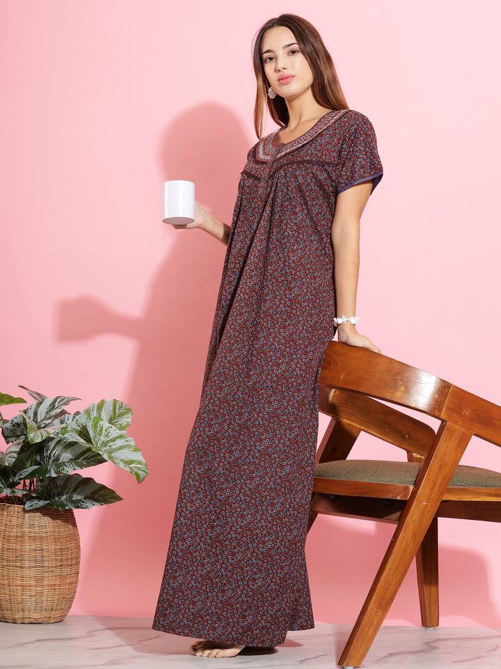 Beautiful Brown Printed Nighty | Soft Cloth Sleepwear