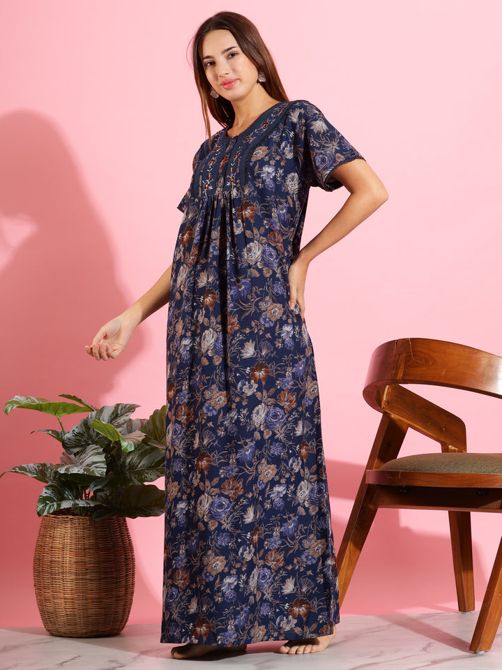 Chic Royal Blue Floral Alpine Designer Nighty For Women