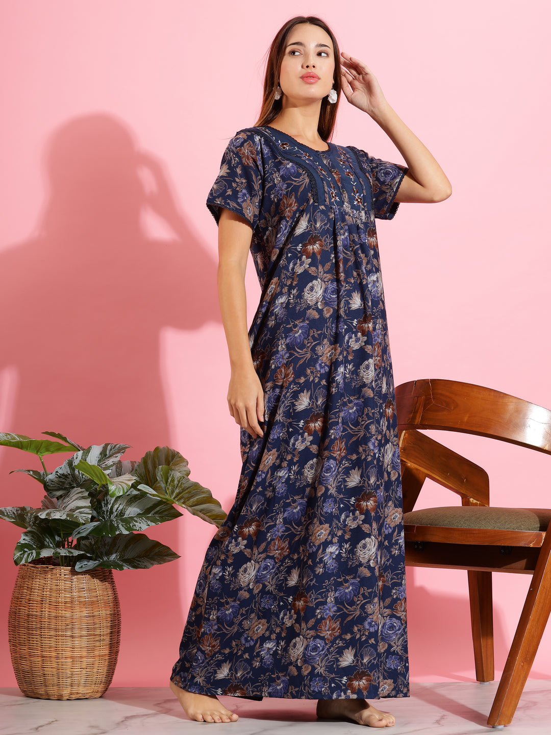 Chic Royal Blue Floral Alpine Designer Nighty For Women