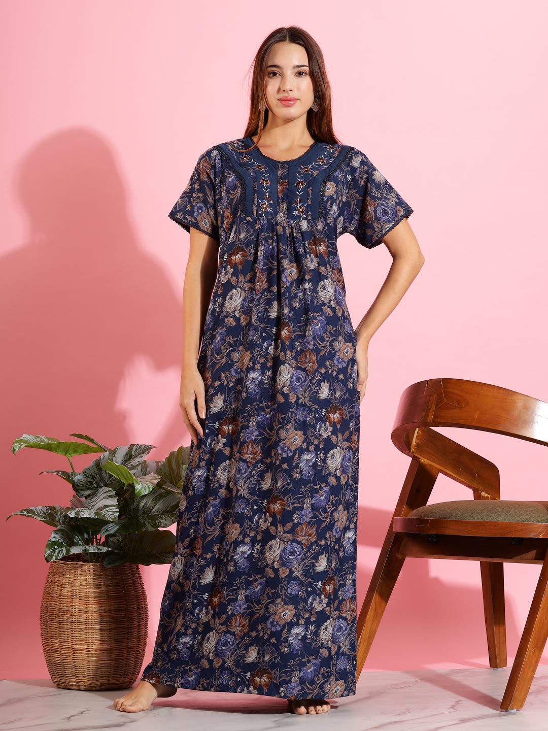 Chic Royal Blue Floral Alpine Designer Nighty For Women