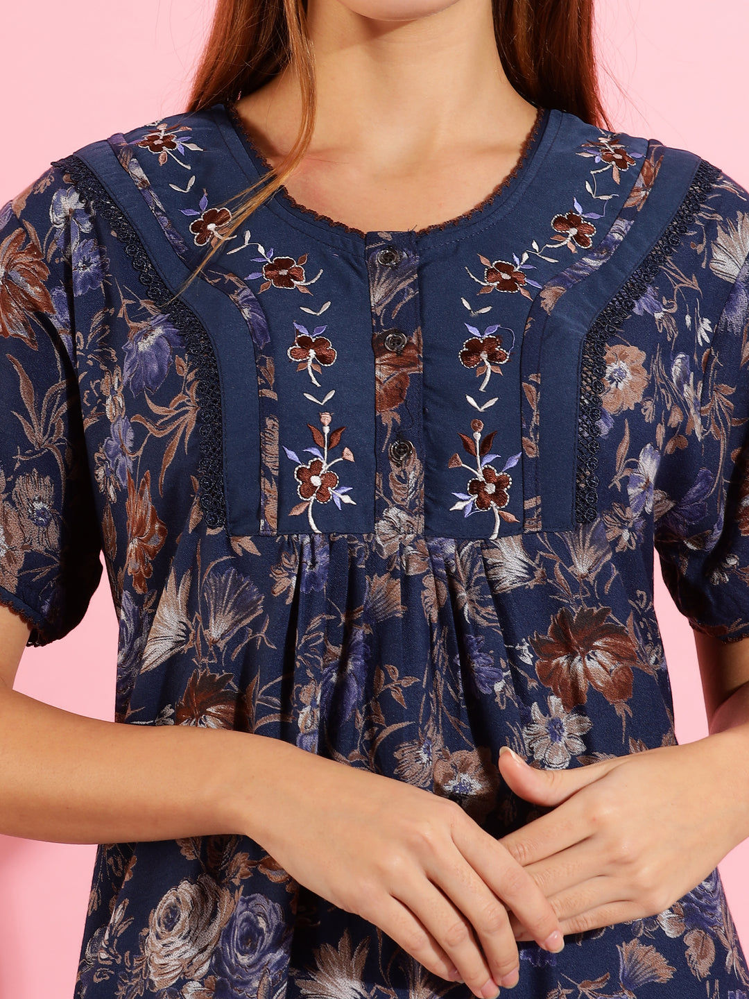 Chic Royal Blue Floral Alpine Designer Nighty For Women