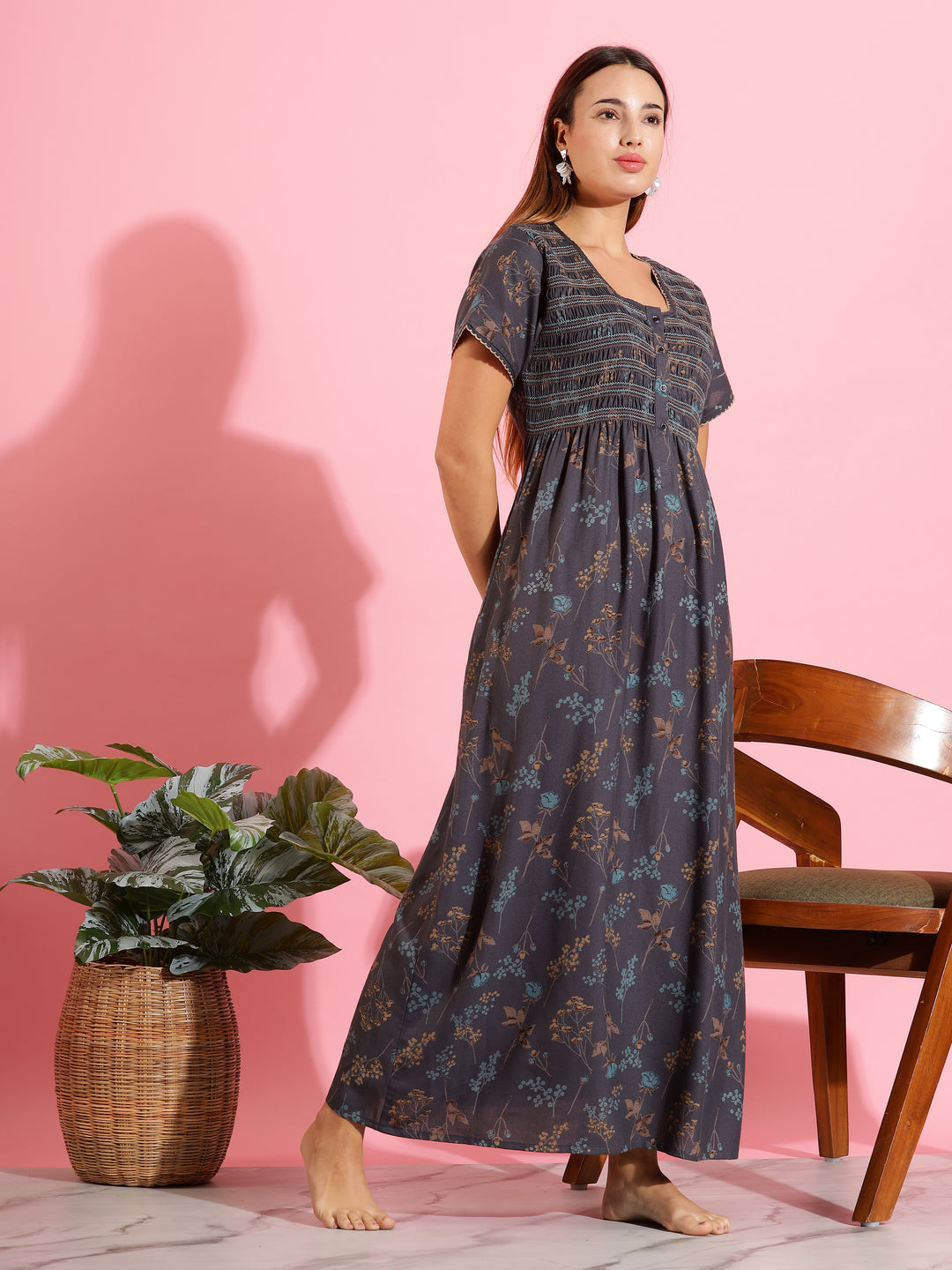 Dark Grey Maxi Nighty for Women with smoky floral print