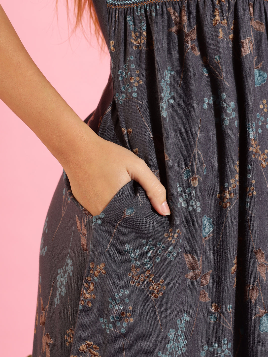 Dark Grey Maxi Nighty for Women with smoky floral print