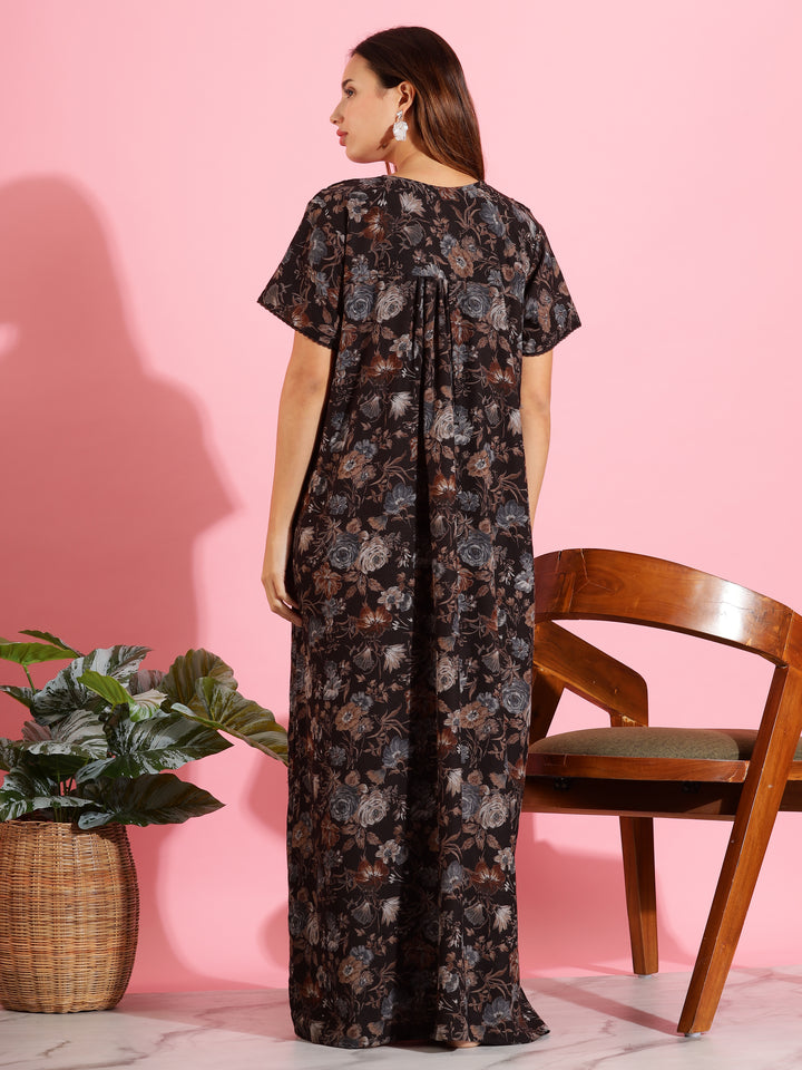 Floral Print Alpine Designer Nighty in Dark Brown