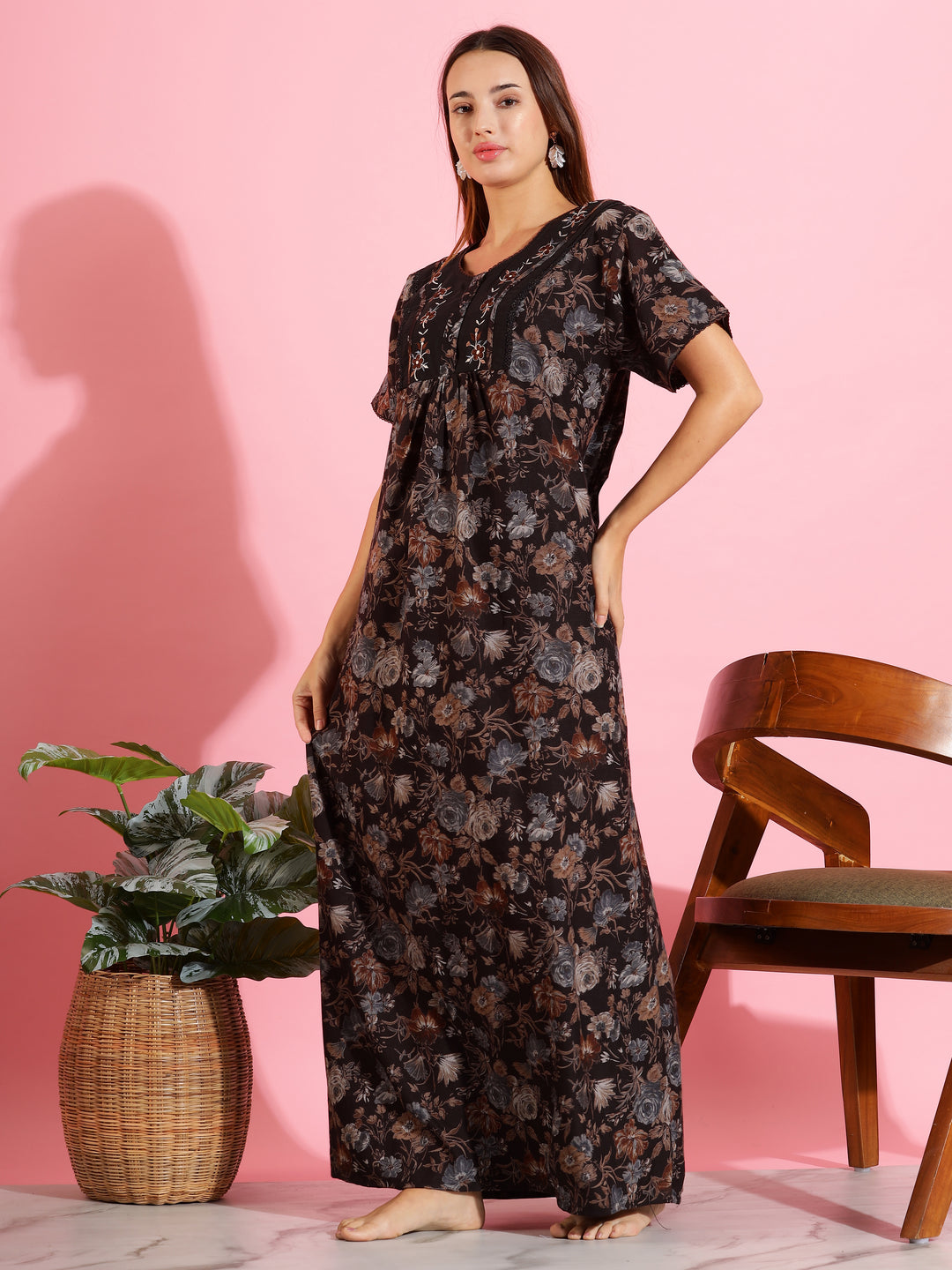 Floral Print Alpine Designer Nighty in Dark Brown