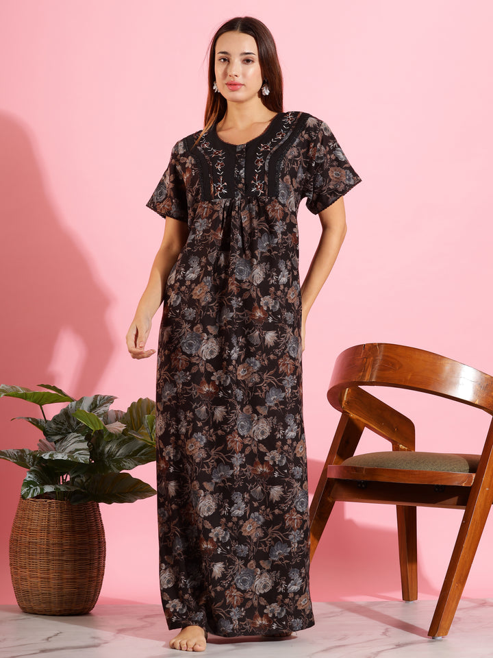 Floral Print Alpine Designer Nighty in Dark Brown