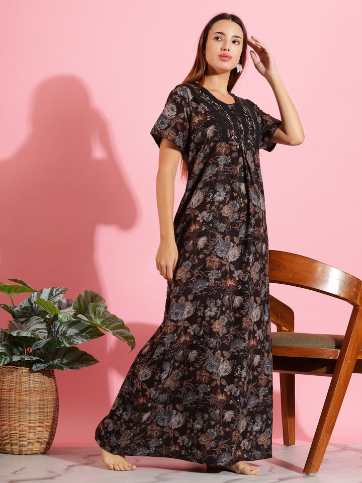 Floral Print Alpine Designer Nighty in Dark Brown