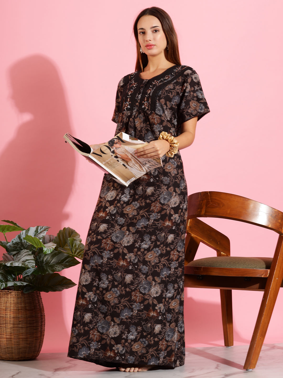 Floral Print Alpine Designer Nighty in Dark Brown