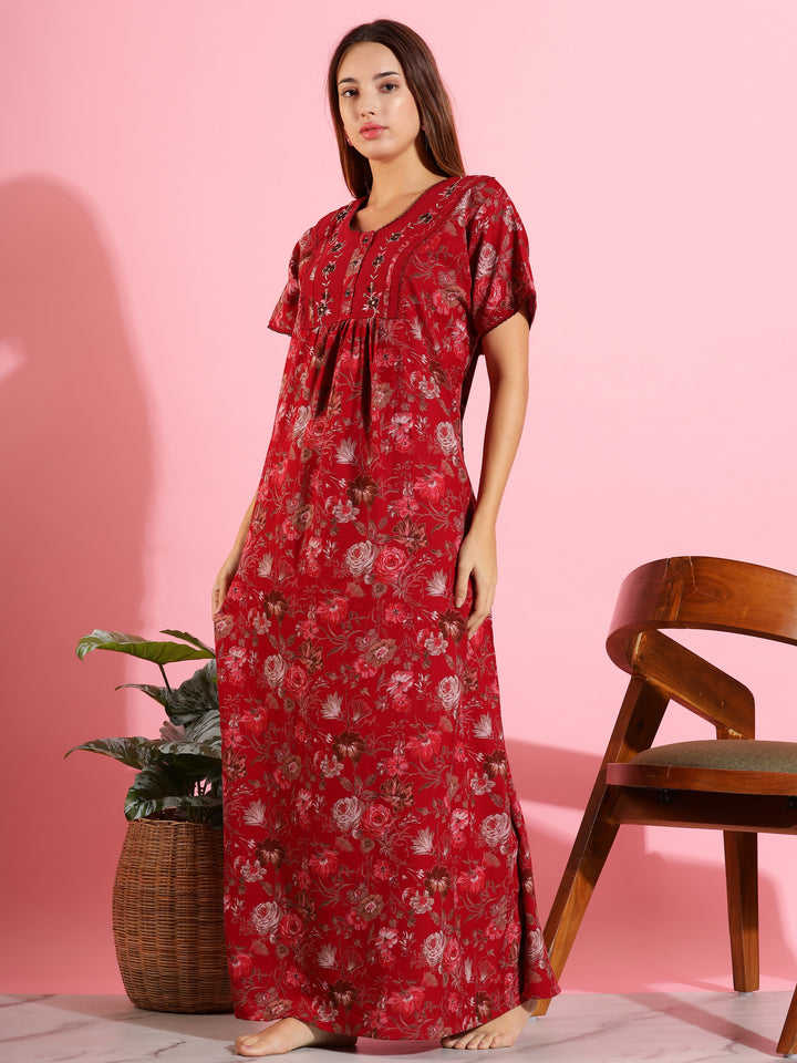 Red Alpine Designer Nighty – Beautiful Floral Sleep Dress