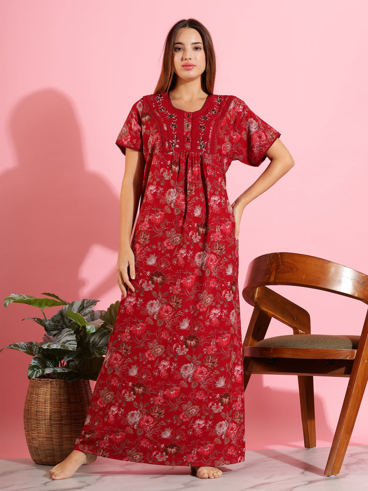 Red Alpine Designer Nighty – Beautiful Floral Sleep Dress