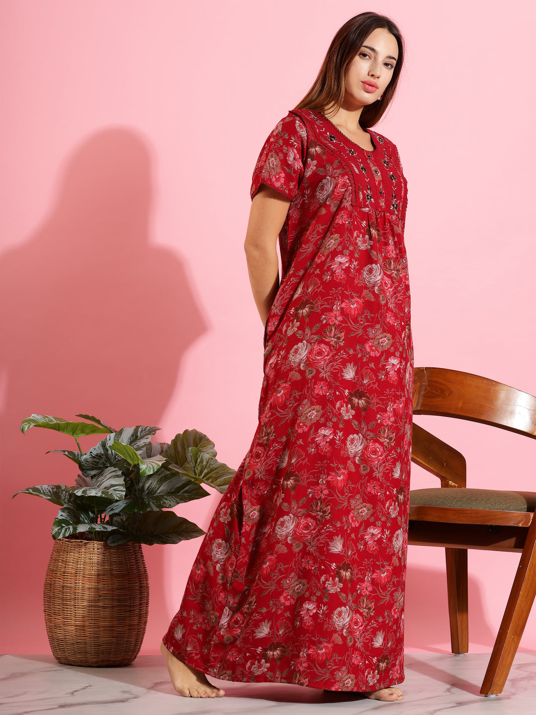 Red Alpine Designer Nighty – Beautiful Floral Sleep Dress