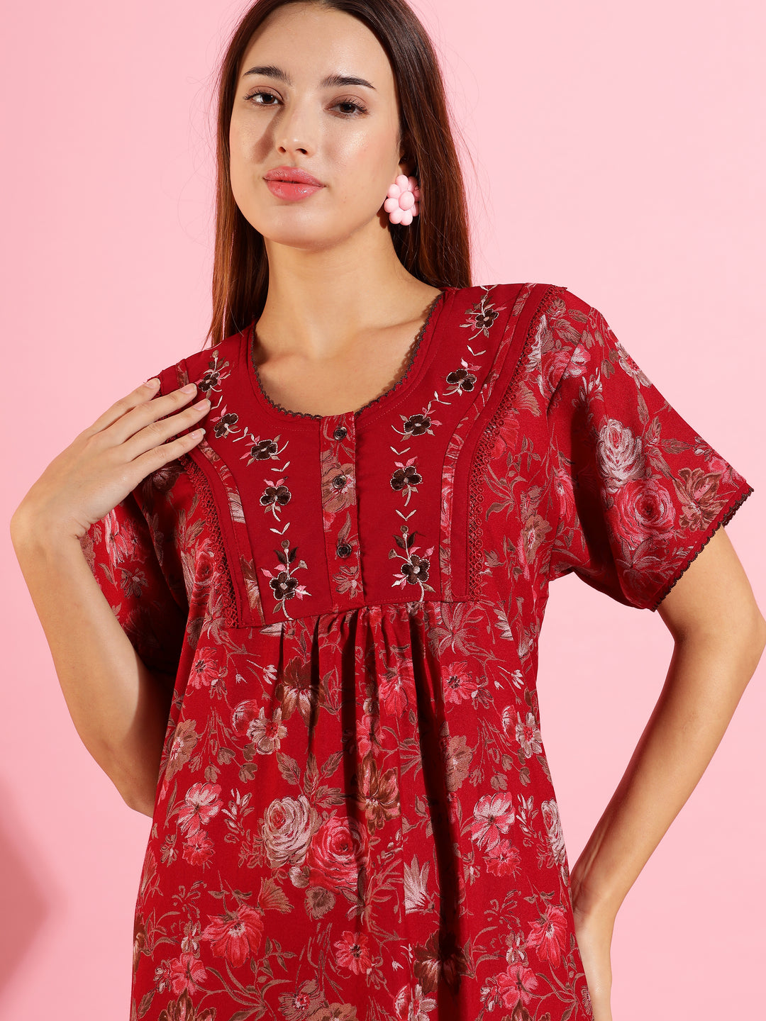 Red Alpine Designer Nighty – Beautiful Floral Sleep Dress