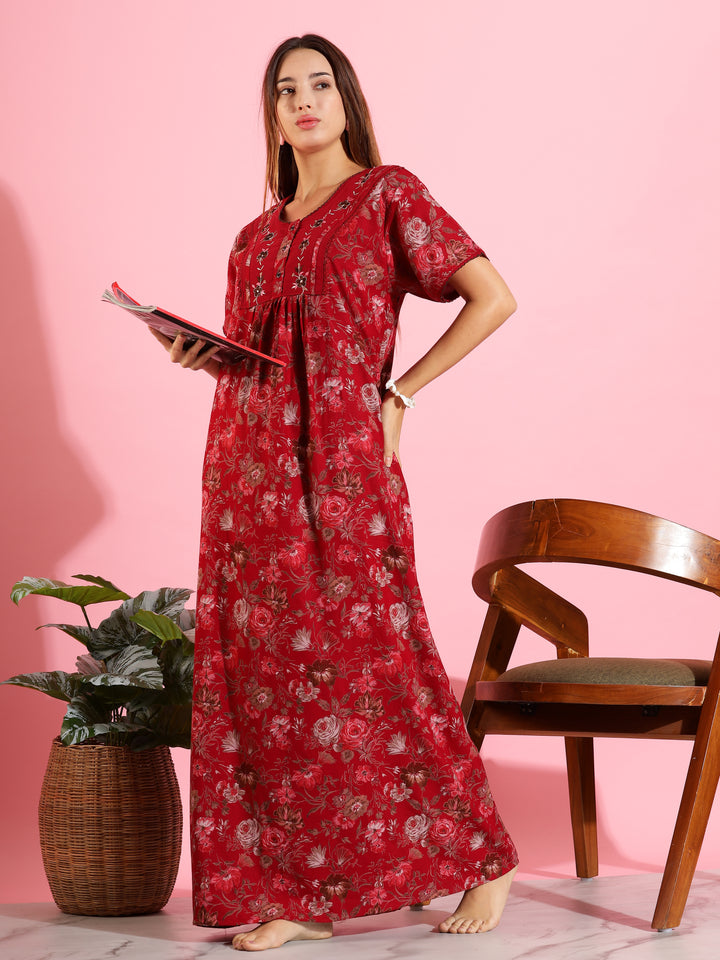 Red Alpine Designer Nighty – Beautiful Floral Sleep Dress