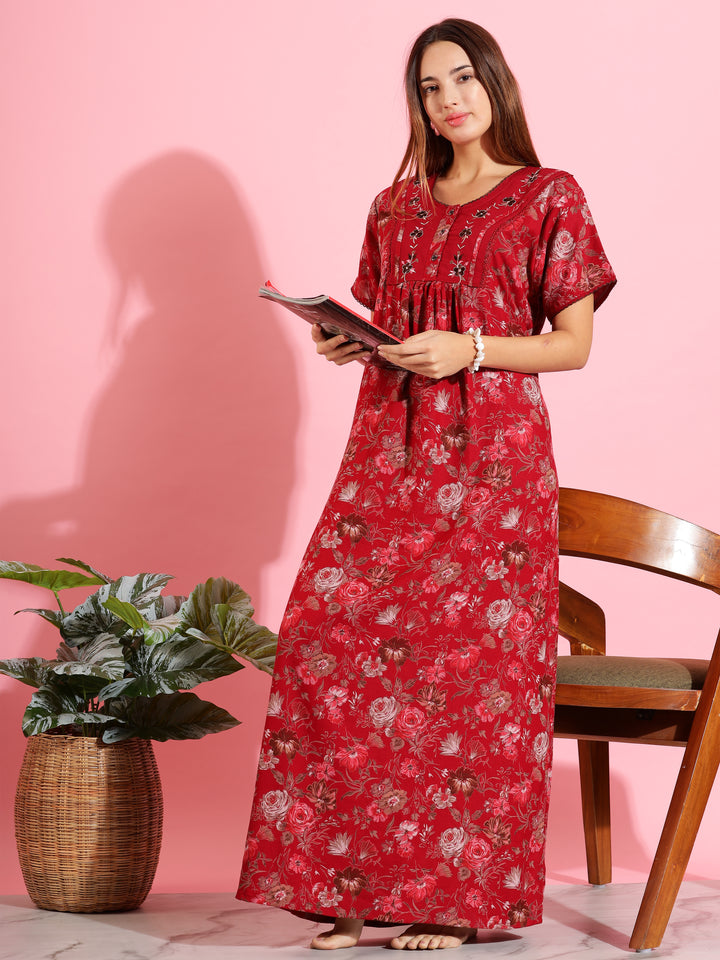 Red Alpine Designer Nighty – Beautiful Floral Sleep Dress