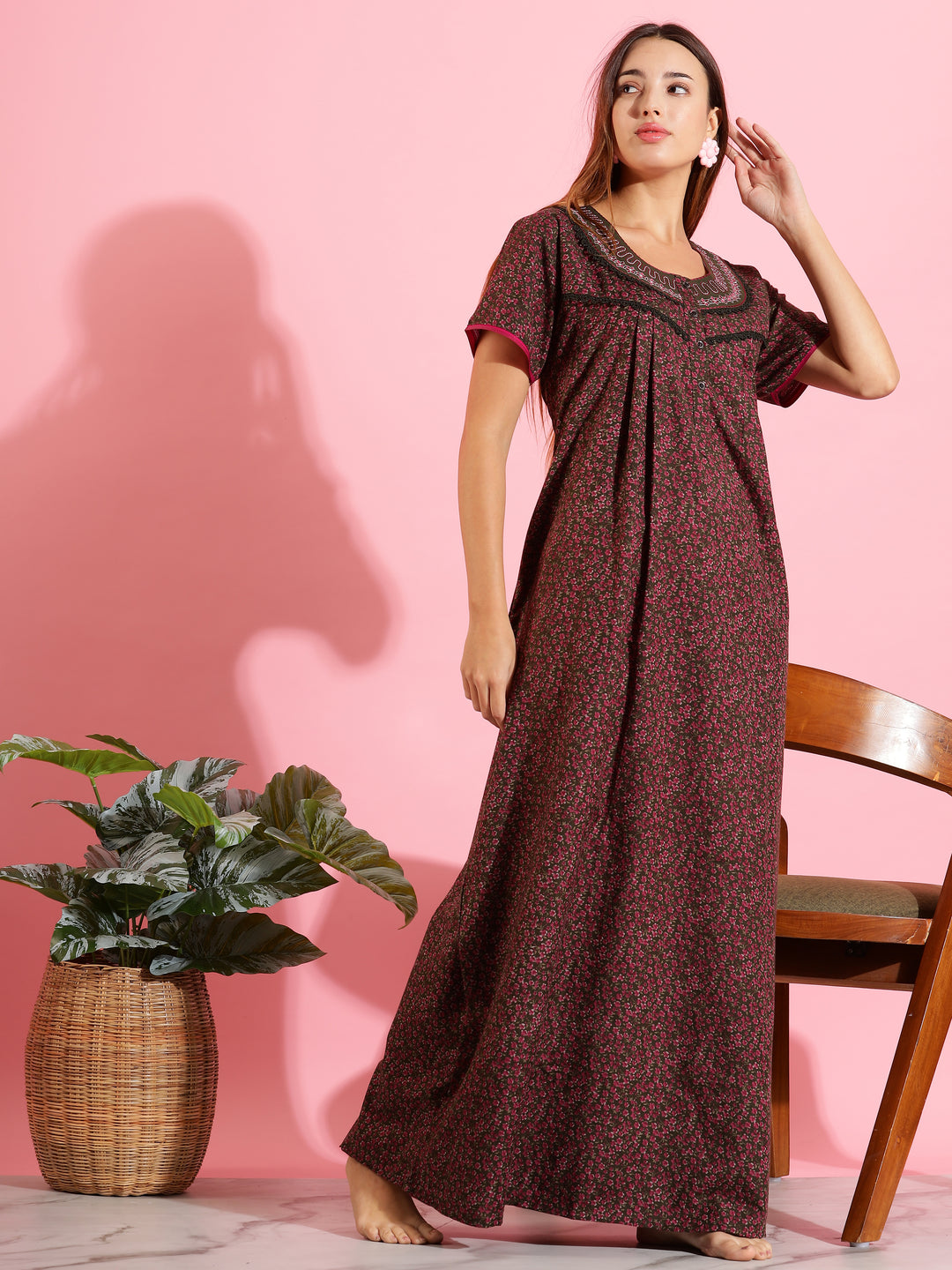 Trendy Dark Green Floral Nighty | Elegant & Comfortable