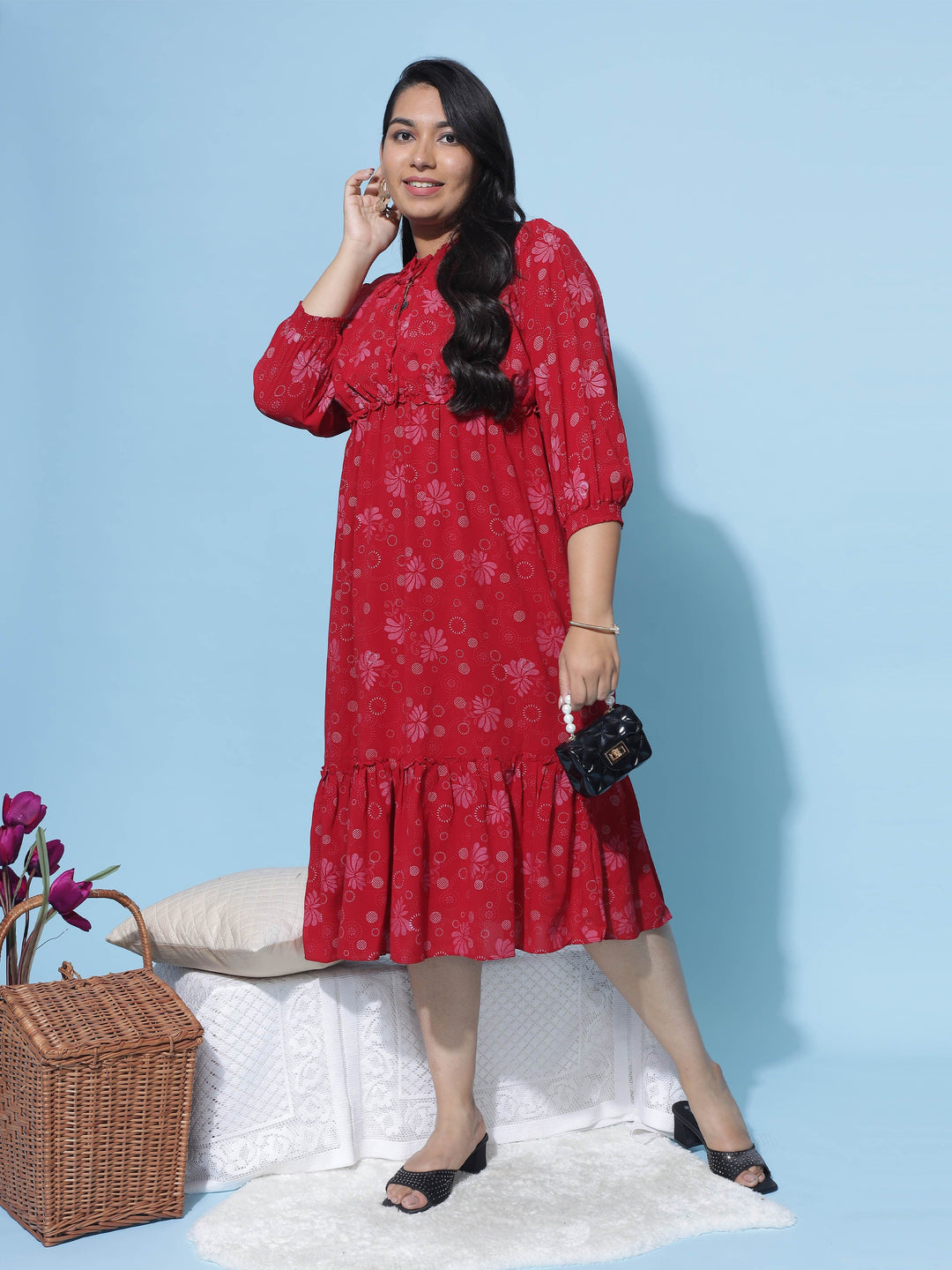 Printed Red Plus Size Casual Dresses for Women