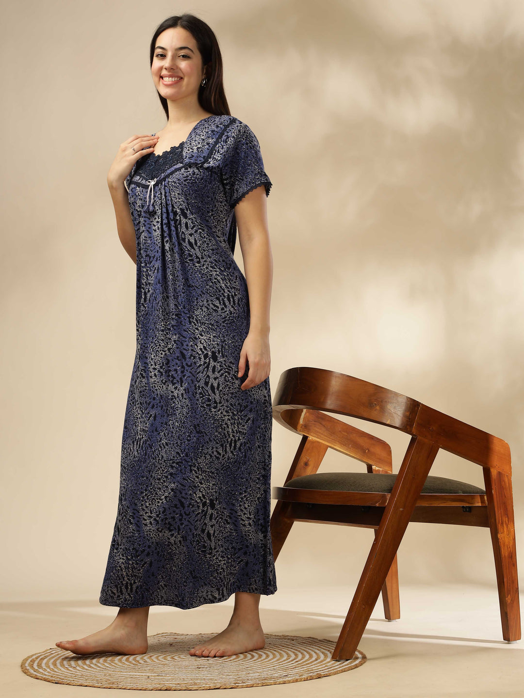 Stylish Blue Alpine Pleated Designer Nighty for Women 