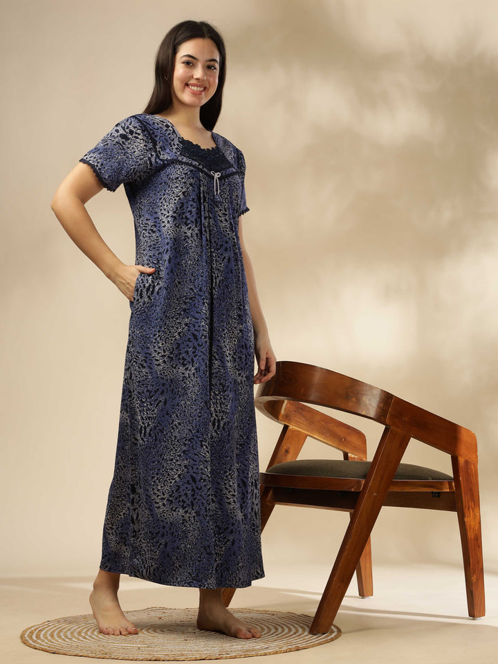 Stylish Blue Alpine Pleated Designer Nighty for Women 