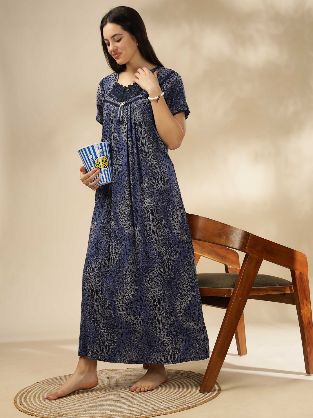 Stylish Blue Alpine Pleated Designer Nighty for Women 