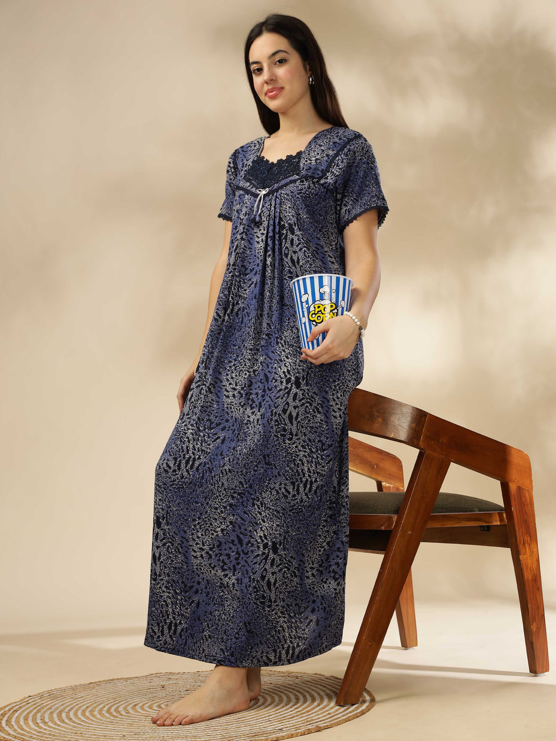 Stylish Blue Alpine Pleated Designer Nighty for Women 