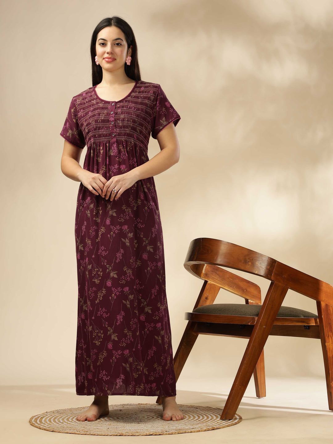 Purple Smoky Floral Alpine Maxi Nighty for Women