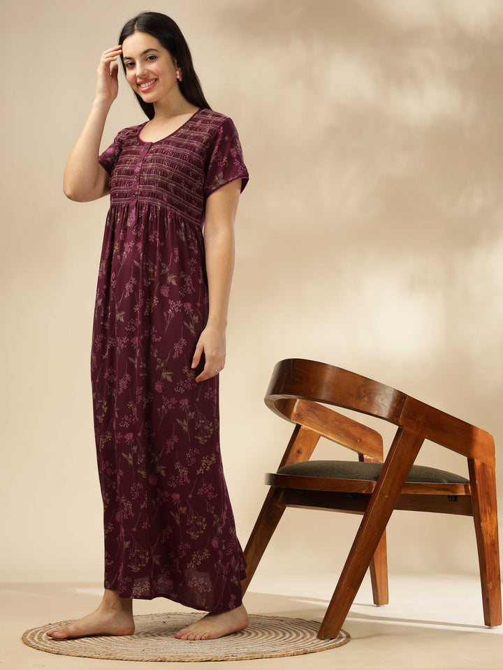 Purple Smoky Floral Alpine Maxi Nighty for Women