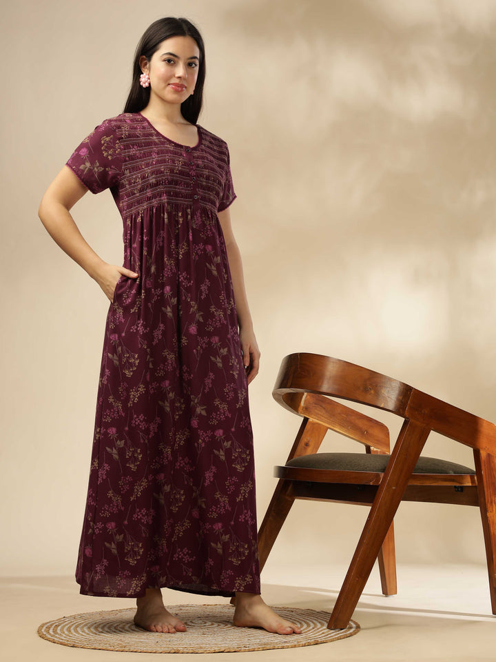 Purple Smoky Floral Alpine Maxi Nighty for Women