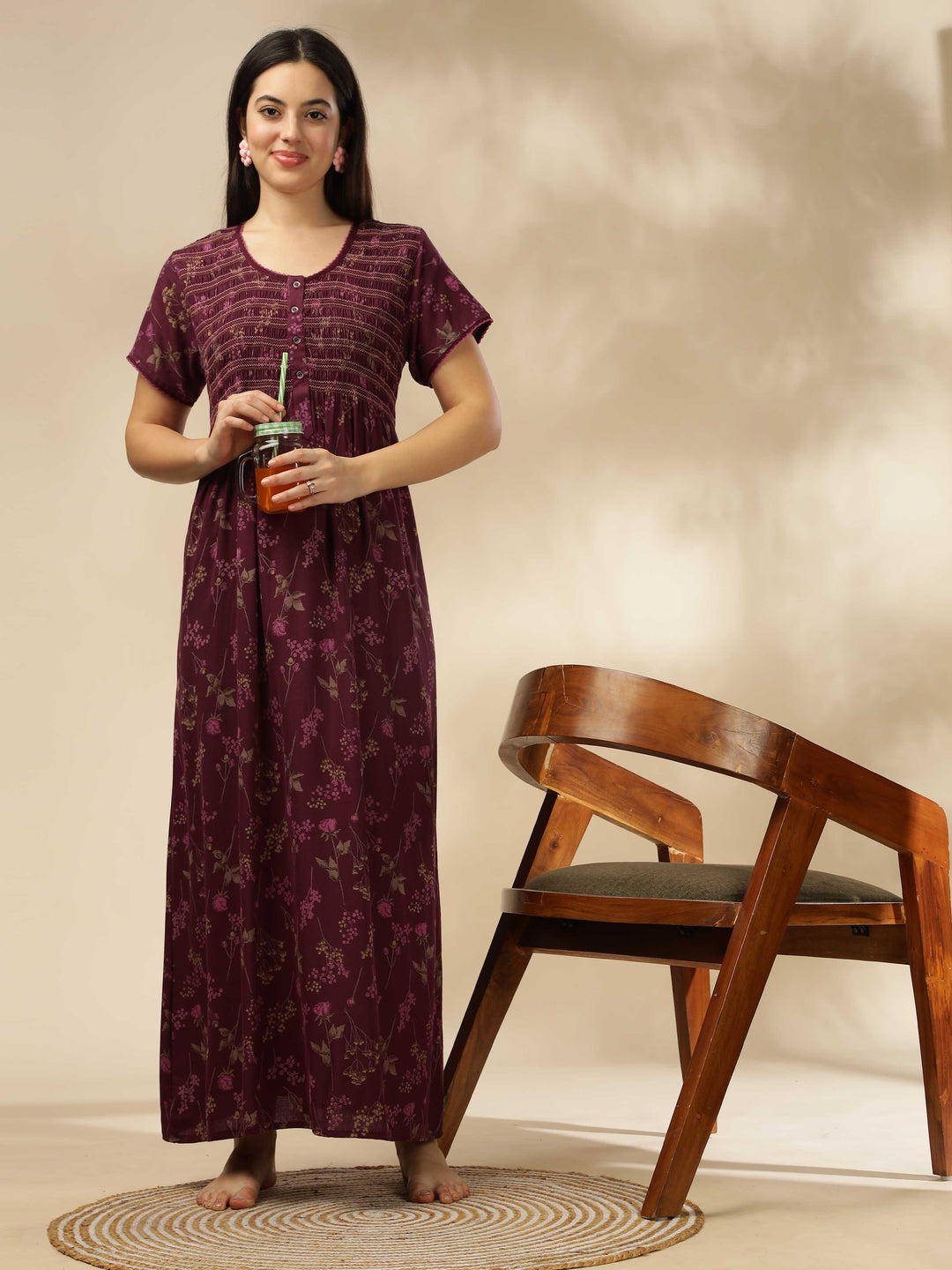 Purple Smoky Floral Alpine Maxi Nighty for Women