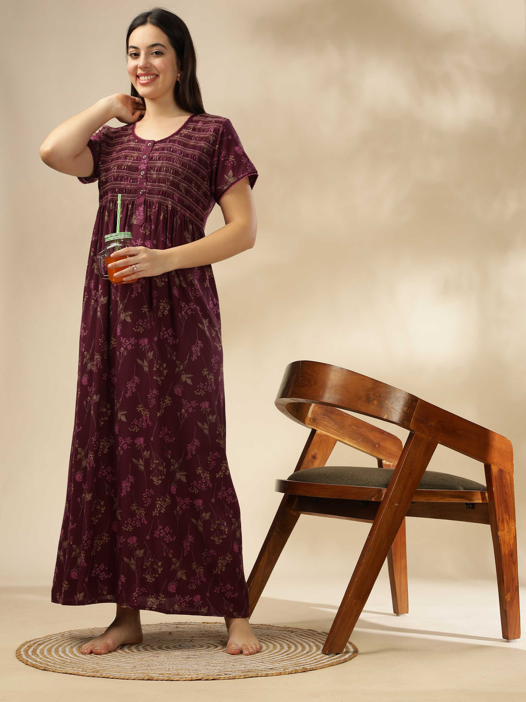 Purple Smoky Floral Alpine Maxi Nighty for Women