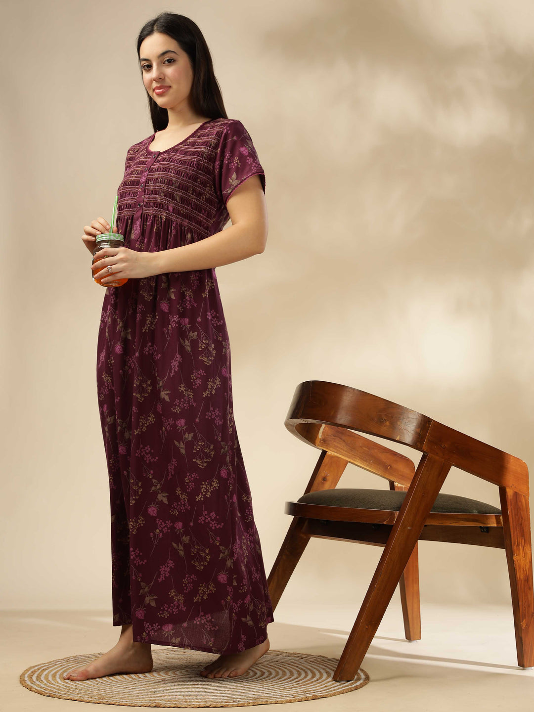 Purple Smoky Floral Alpine Maxi Nighty for Women