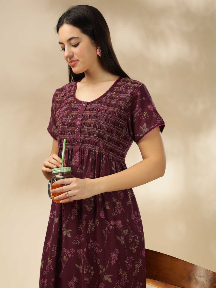 Purple Smoky Floral Alpine Maxi Nighty for Women