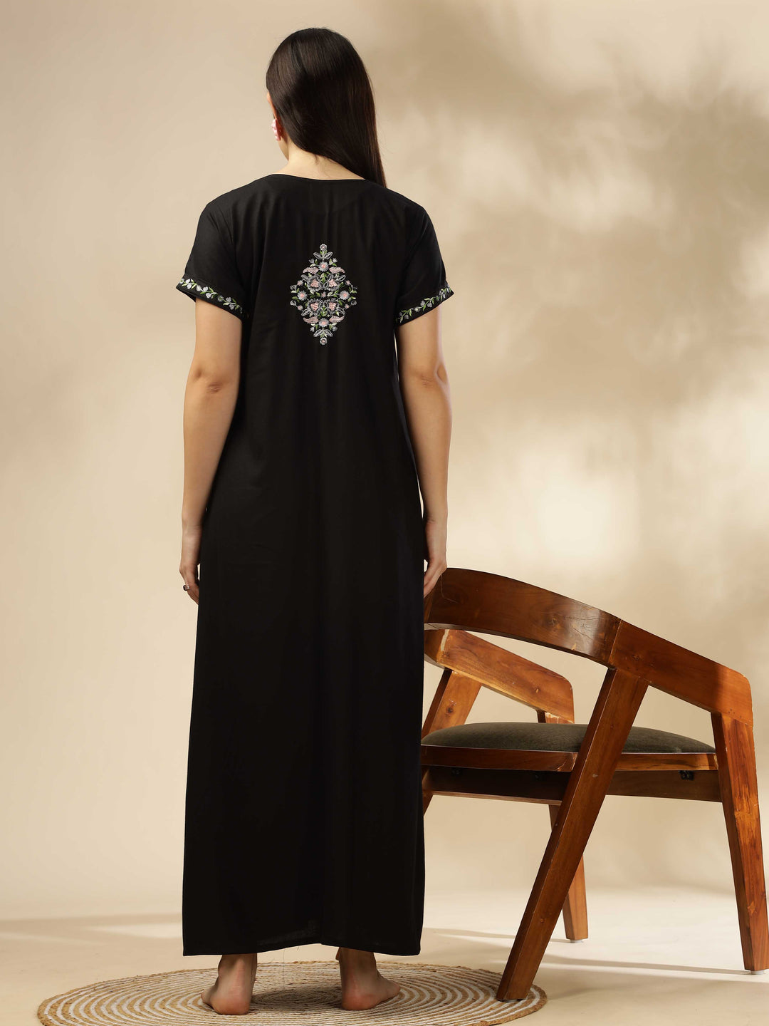 Luxurious Black Alpine Nighty with Fancy Embroidery