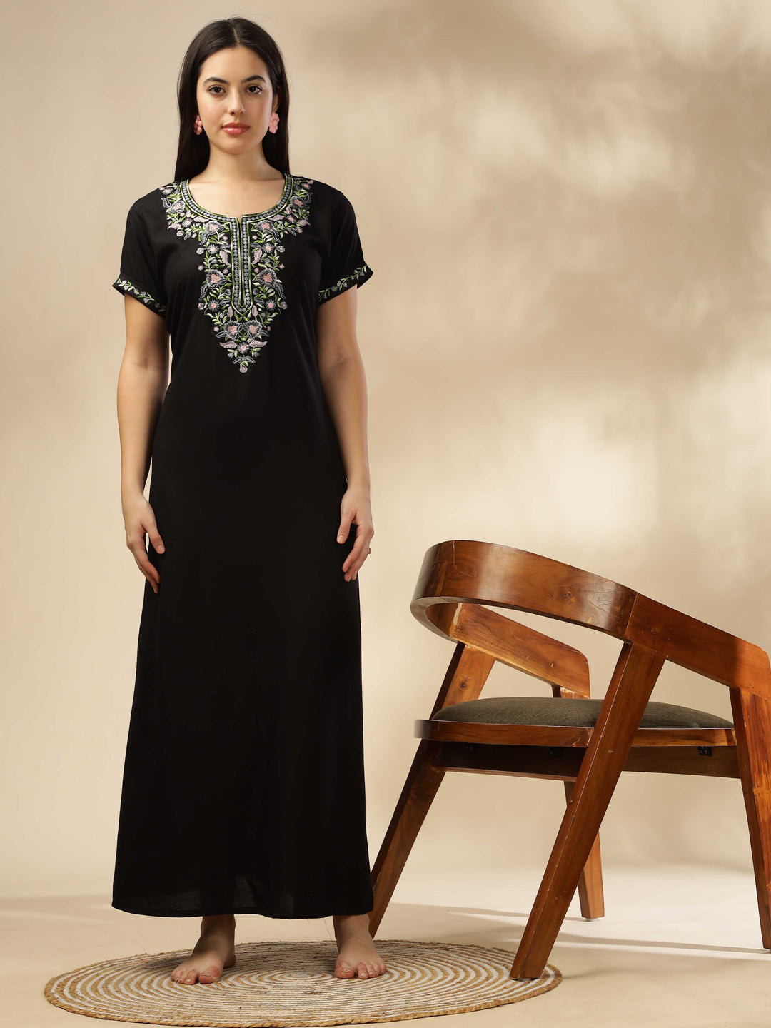 Luxurious Black Alpine Nighty with Fancy Embroidery