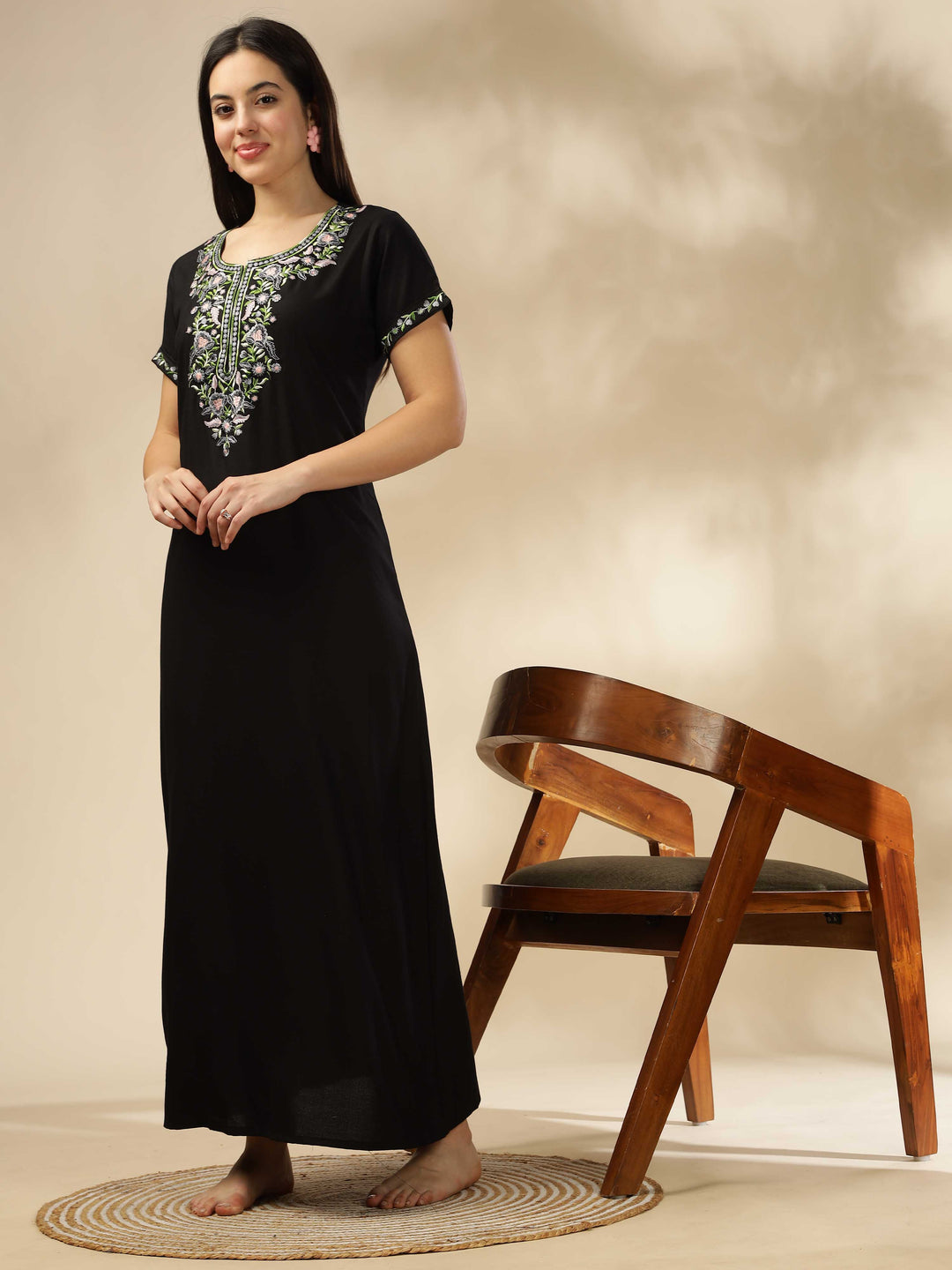 Luxurious Black Alpine Nighty with Fancy Embroidery