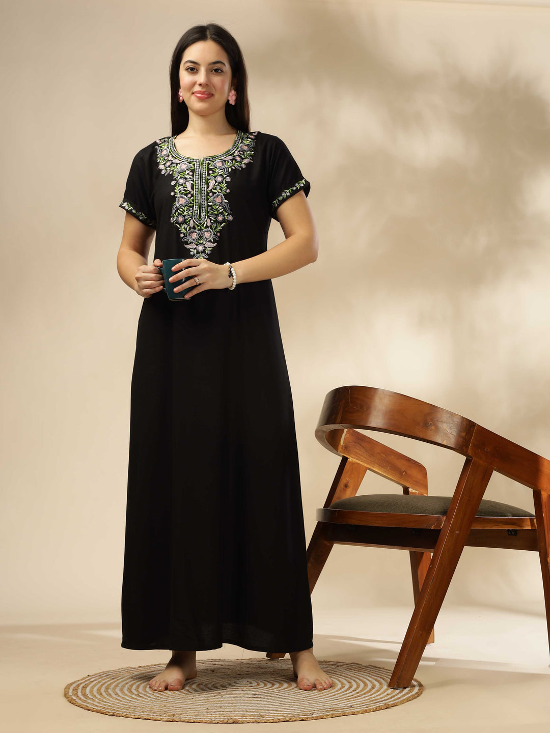 Luxurious Black Alpine Nighty with Fancy Embroidery