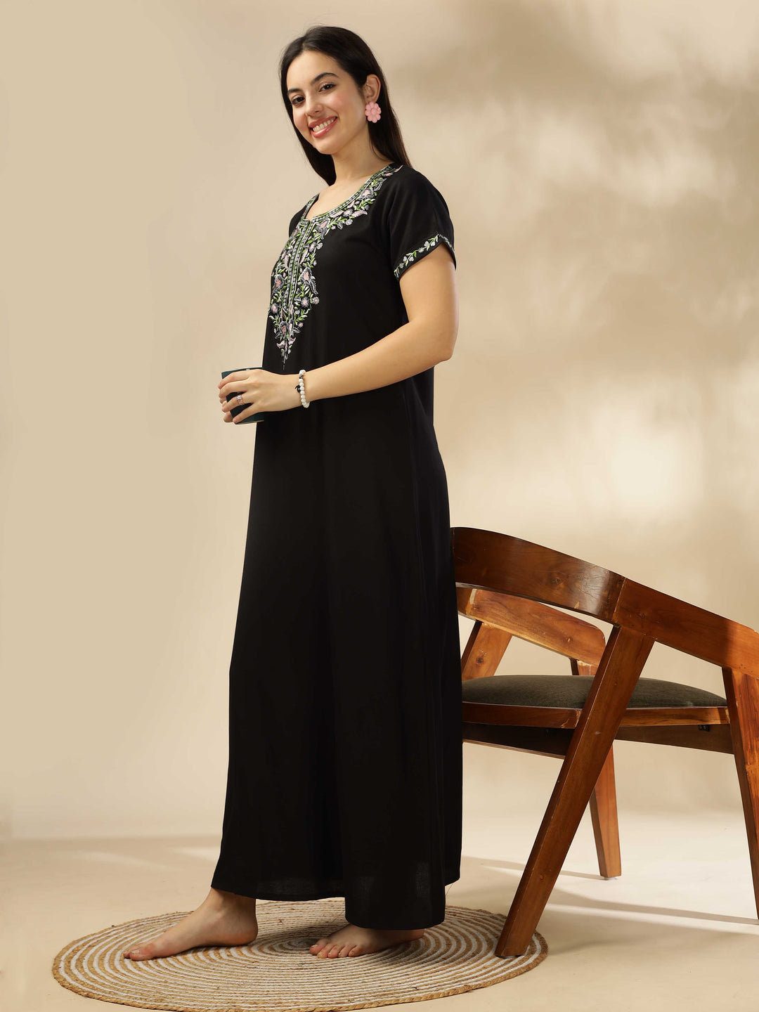 Luxurious Black Alpine Nighty with Fancy Embroidery