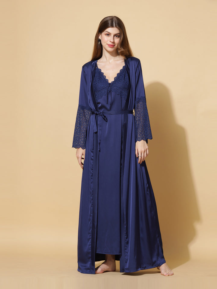 Honeymoon Long Robe Bridal Nighty Dress in Electric Blue