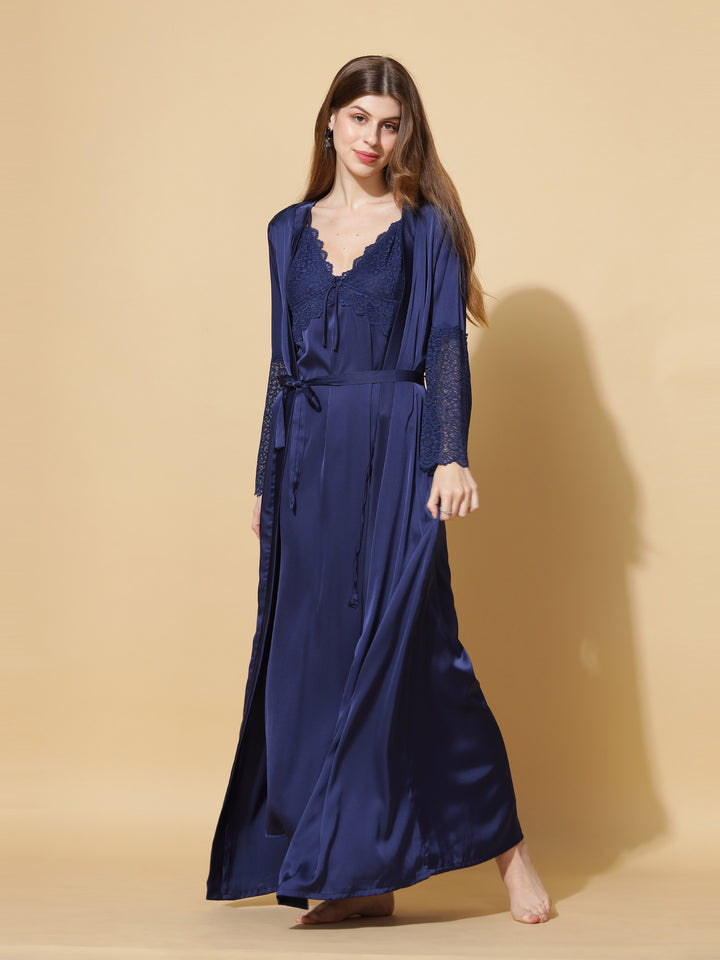 Honeymoon Long Robe Bridal Nighty Dress in Electric Blue