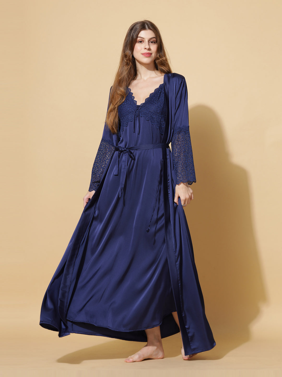 Honeymoon Long Robe Bridal Nighty Dress in Electric Blue